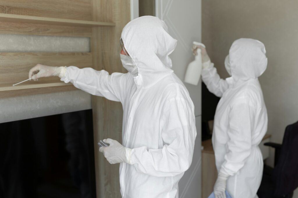 Virologists, people in protective suits carry out the disinfection in the apartment. Wipe furniture